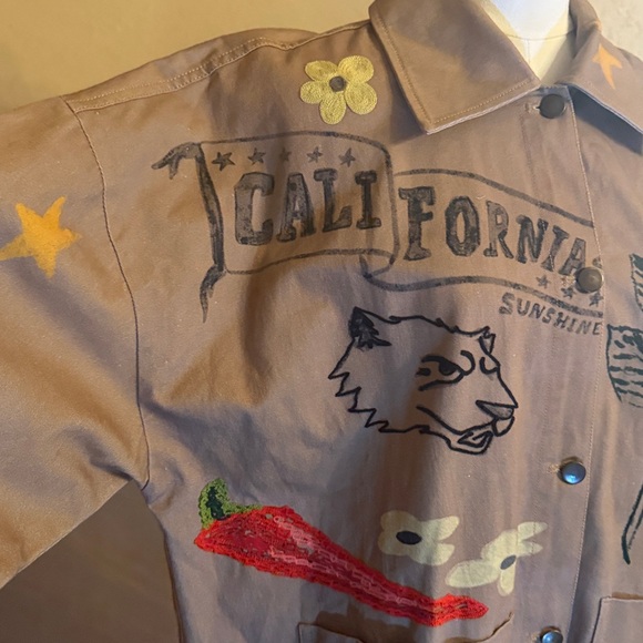 Free People S Charm Me Chore Jacket Tan Denim Embroidered Doodles Birds - Picture 4 of 12